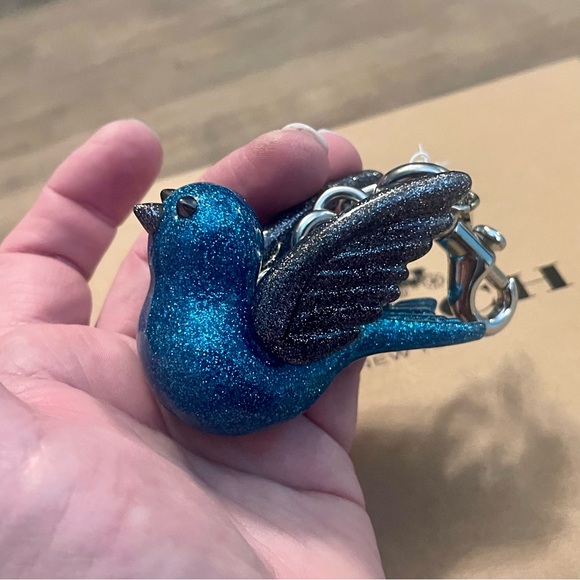 RARE Coach Blue and Gray Resin Glitter Bird Keychain Fob Bag Charm - Picture 7 of 11